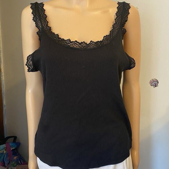 Primark Cami TankTop Black Lace Trim Women L Stretch Ripped Goth - Picture 1 of 8
